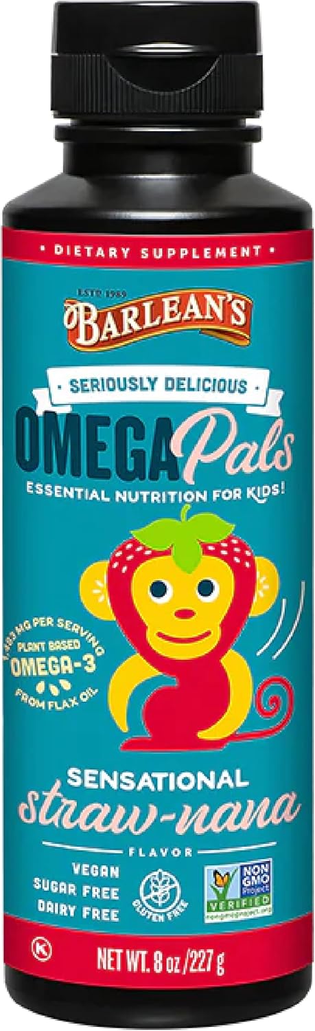 Barlean's Omega Pals Omega 3 for Kids - Yummy Straw-Nana Flavored Liquid Flax Seed Oil Supplement, 8 oz