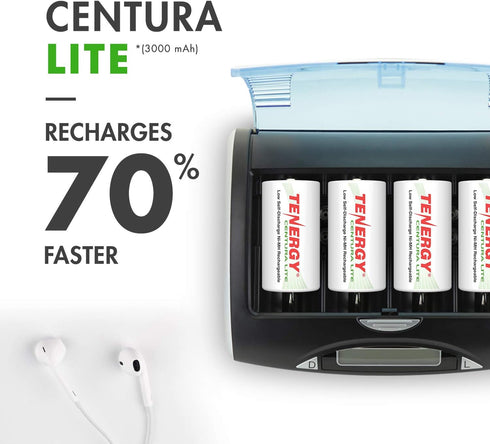 Tenergy 1.2V 3000mAh 4 Pack Centura Lite NiMH Rechargeable D Battery, Low Self Discharge D Cell Batteries, Pre-Charged