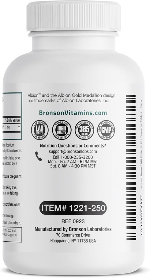 Bronson Boron 3 MG Chelated Superior Absorption - Supports Bone Health Trace Mineral, Non-GMO, 250 Tablets