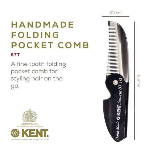 Kent 87T Graphite Handmade Folding Pocket Comb for Men, Fine Tooth Hair Comb Straightener for Everyday Grooming Styling Hair, Beard or Mustache, Saw Cut Hand Polished, Made in England