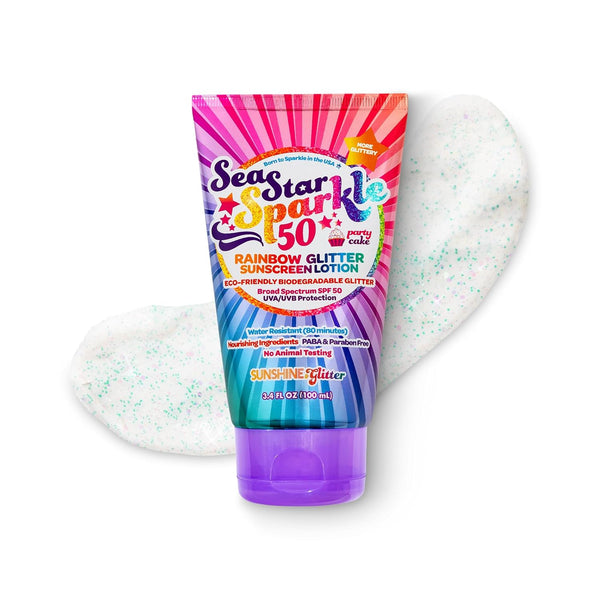 Seastar Sparkle - Rainbow Party Cake Scented Glitter Sunscreen, SPF 50, Biodegradable, Kids Lotion, Made in USA