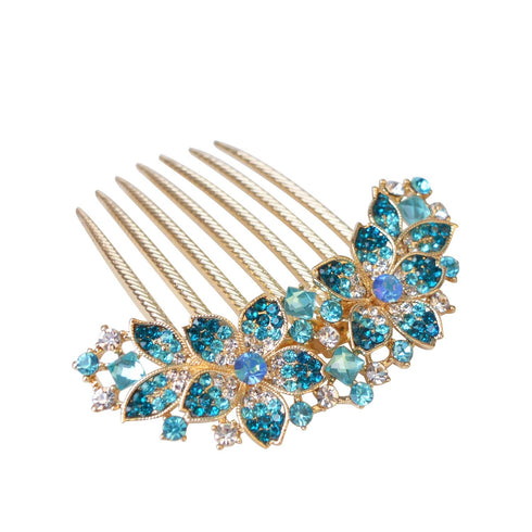 Women Rhinestone Inlaid Flower Hair Comb, Hairpin Barrette Accessory, Perfect Mother's Day Gift (Blue)