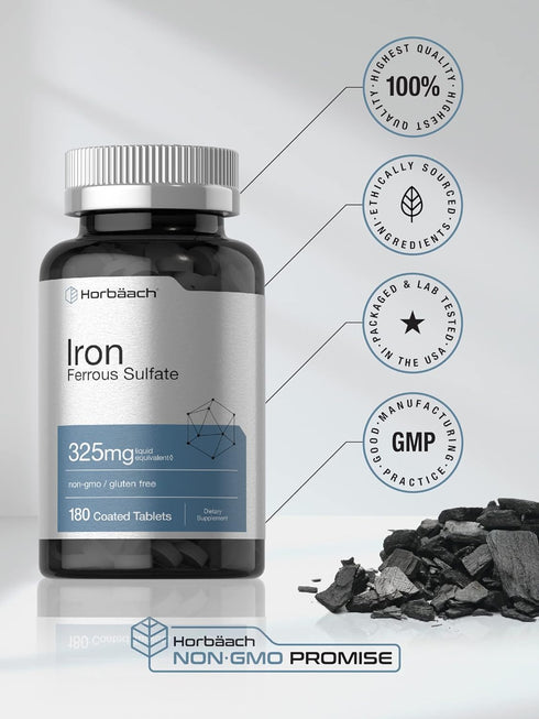 Horbaeach Iron Ferrous Sulfate 325mg | 180 Count | Vegetarian, Gluten Free & Non-GMO Dietary Supplement