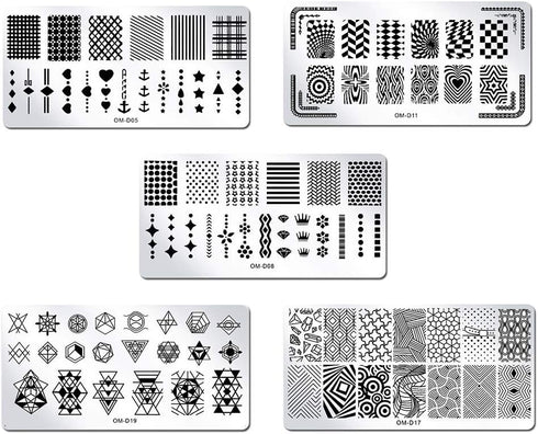 WOKOTO 5Pcs Nail Plates Stamping Set with Classic Geometric Stars Nail Art Kit