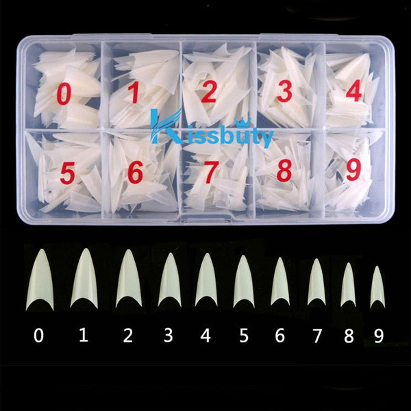 Kissbuty 500 PCS Stiletto Nails, Natural Color Sharp Ending False Acrylic Nail Art Tips, 10 Sizes with Box