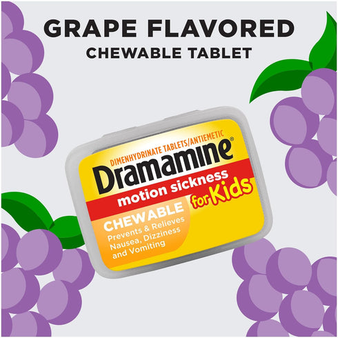 Dramamine Motion Sickness Relief for Kids, Chewable Grape, 8 Count