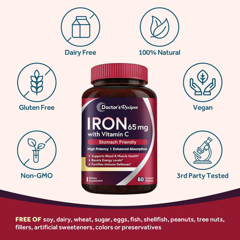 Doctor's Recipes Iron Supplement 65 mg with Vitamin C for Red Blood Cells and Immunity Health