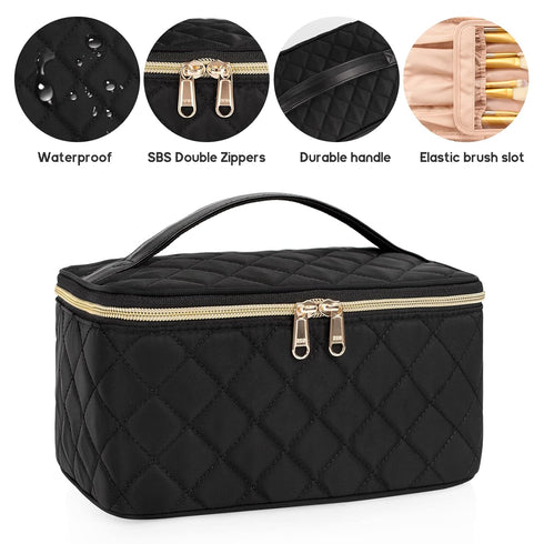 OCHEAL Portable Cosmetic Bag, Large Capacity Travel Makeup Case Organizer, Rhombus Black Toiletry Bag for Girls