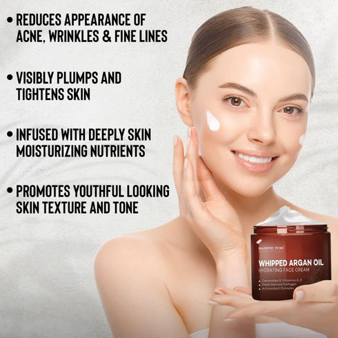 MAJESTIC PURE Whipped Argan Oil Moisturizer Face Cream, 8oz - Hydrates Dry and Oily Skin with Vitamin E, A, Collagen &