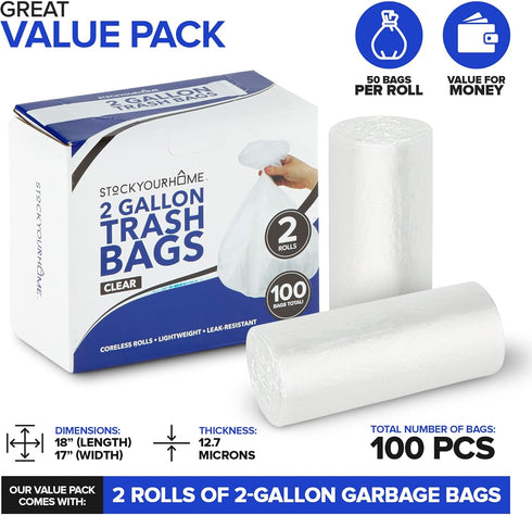 Stock Your Home 2 Gallon Unscented Small Garbage Bags, 100 Count, Leakproof, Versatile Usage
