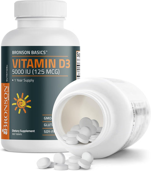 Bronson Vitamin D3 5,000 IU (125 MCG), 360 Tablets, 1 Year Supply for Healthy Muscle Function and Immune Support