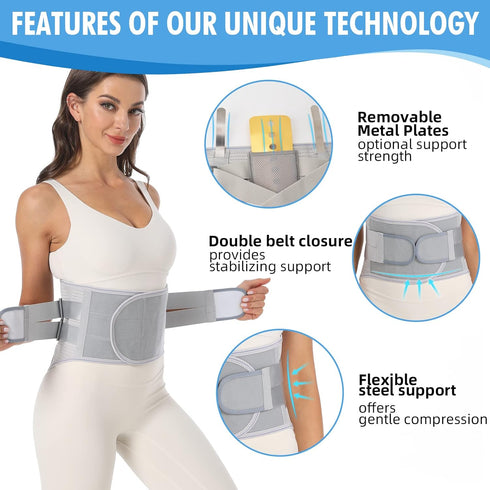 Back Support Belt for Lower Back Pain Relief - Removable Stays for Herniated Disc, Sciatica, Grey, Medium, for Men &