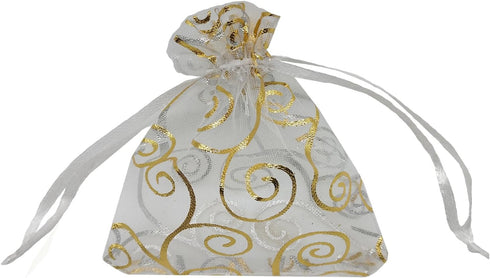 100pcs Sheer Organza Favor Bags for Wedding Baby Shower, Rattan Print Gift Bags (5x7 inch, white)