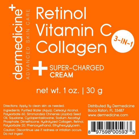 Super Charged Anti-Aging Cream for Face | Vitamin C + Retinol + Collagen | 1 oz | Pharmaceutical Grade Quality