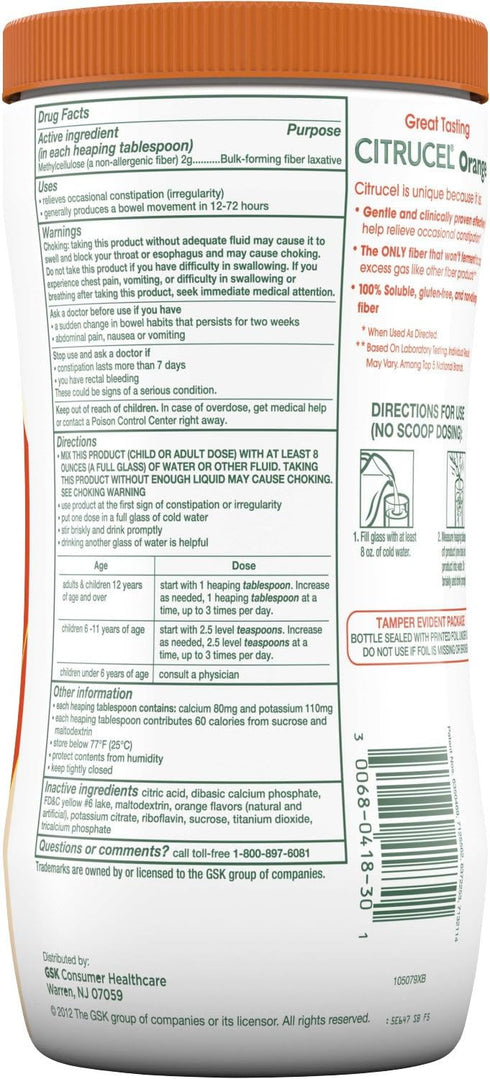 Citrucel Fiber Powder for Occasional Constipation Relief, Methylcellulose Fiber Powder, Orange Flavor - 30 Ounces