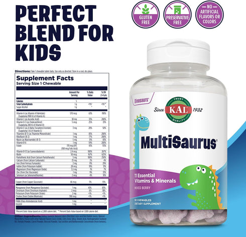 KAL MultiSaurus Kids Chewable Multivitamins, 11 Essential Vitamins and Minerals for Kids, Mixed Berry Flavor, Gluten and Preservative Free, 90 Servings, 90 Dinosaur-Shaped Chewables