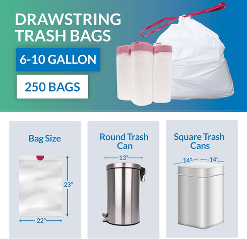 Reli. 250 Count Drawstring Trash Bags for 8-10 Gallon, 22"x23", White Liners for Small to Medium Garbage Cans