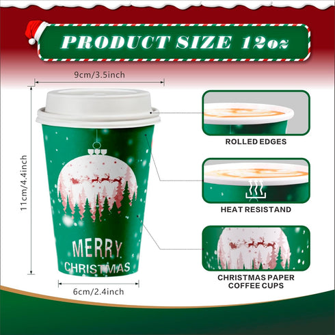 WOWSOLID 12 oz, 40 Pack Christmas Disposable Coffee Cups with Lids To Go Coffee Cups, Holiday Paper Cups for Hot