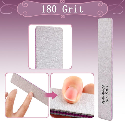 Nail File 12 PCS Professional Reusable 100/180 Grit Washable Tools for Poly Nail Extension Gel and Acrylic