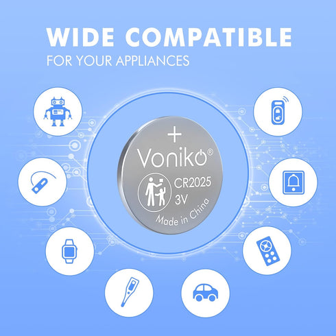 Voniko CR2025 3V 5 Pack 7 Lithium Batteries for Child Safety, Compatible with Remotes, Key Fobs, Watches, Calculators