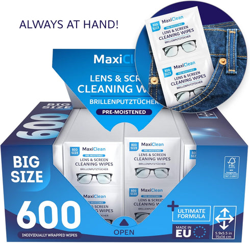 Maxi Clean 600 Glasses Wipes Lens Cleaner - Lens Wipes for Eyeglasses - Pre-moistened Individually Wrapped Wipes