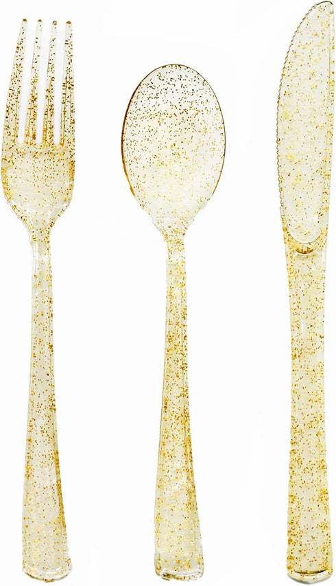 150 Pack Gold Plastic Silverware, Heavy Duty Gold Glitter Silverware - 50 Forks, 50 Knives, 50 Spoons for All Occasions