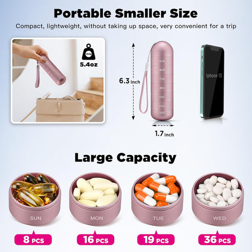 Zannaki Weekly Pill Organizer - Metal Moisture Proof, Stackable Aluminum Alloy, BPA Free, 7 Day Pill Box Case