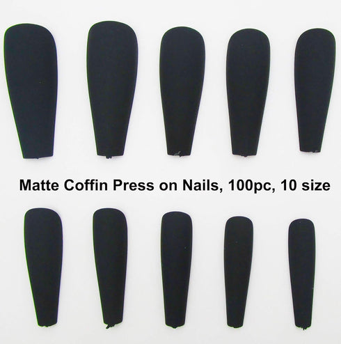 LoveOurHome 100pc Coffin Press on Nails, Medium Ballerina Acrylic Fake Nails, Matte Black Full Cover Nail Tips for Women