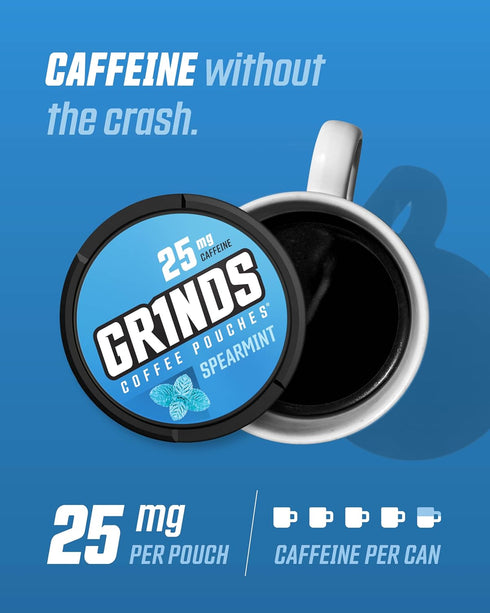 Grinds Coffee Pouches - Tobacco Free, Nicotine Free Healthy Alternative, 3 Cans of Spearmint