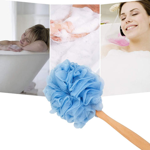 Loofah Back Scrubber for Shower, Soft Nylon Mesh Bath Sponge with Wooden Long Handle, Exfoliating Luffa Pouf (Blue)