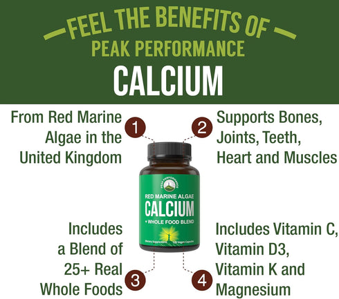 Plant Based Calcium - Red Marine Algae Calcium Supplement with Vitamin C, D3, K, Magnesium, and Whole Food Vegetable Blend. Vegan Capsules for Bones and Joints. 120 Calcium Pills, Tablets
