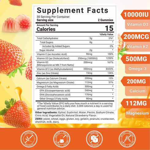 Wiszeen D3 K2 Gummies, D3 10000 K2 (MK-7) 200 D3 K2 3, Immune Vitamin Vitamin IU & mcg - Supplement with Omega Calcium