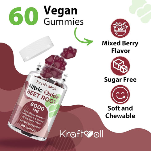 Nitric Oxide Beet Root Gummies 6000MG Supplements - Sugar Free Beetroot Grapeseed Powder