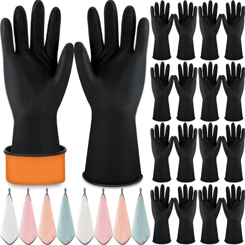Hushee 24 Pcs Reusable Kitchen Dishwashing Gloves, Heavy Duty Coral Velvet Kitchen Dishcloth, Non-Slip Black Rubber