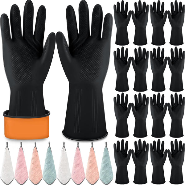 Hushee 24 Pcs Reusable Kitchen Dishwashing Gloves, Heavy Duty Coral Velvet Kitchen Dishcloth, Non-Slip Black Rubber