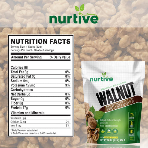 Walnut Protein Powder, 16 oz, Rich in Omega-3, Plant-Based Protein, Gluten Free, Vegan