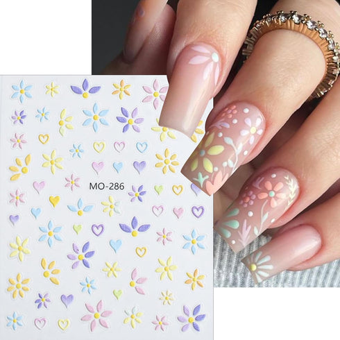 Flower Nail Art Stickers, 5D Embossed Self-Adhesive Decals, Spring Daisy Nail Design for Women Girls DIY Decoration