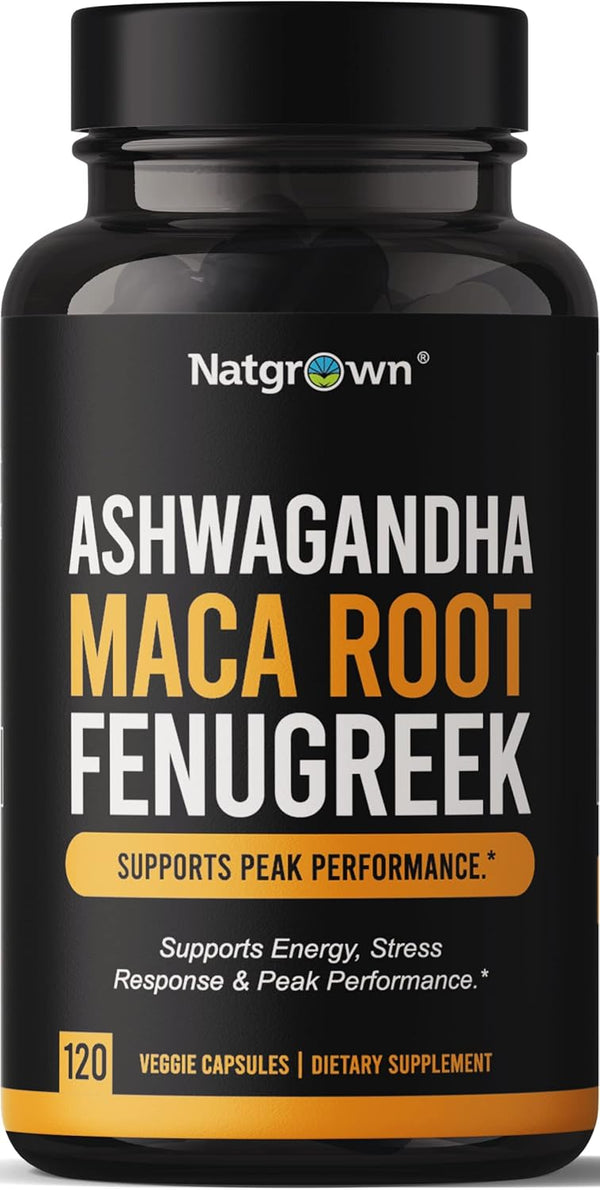 Natgrown Ashwagandha Maca Root Fenugreek Extract Capsules for Men & Women - 120 Vegan Pills