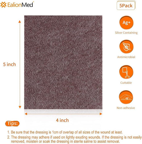 Silver Calcium Alginate Wound Dressing Pad, 4’’x5’’ High Absorbency Non-Stick Gauze for Pressure Ulcers, 5 Packs