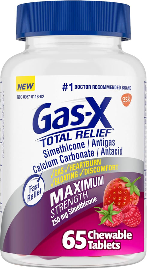 Gas-X Total Relief Chewable Tablets, Maximum Strength Gas Relief Simethicone 250 mg, Bloating Relief, 65 Count