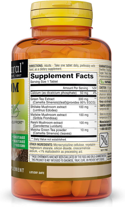 MASON NATURAL Mushroom Power with 95% EGCG & Matcha - for Optimal Wellness, Stress Support and Healthy Inflammatory Response, 60 Plant Based Tablets