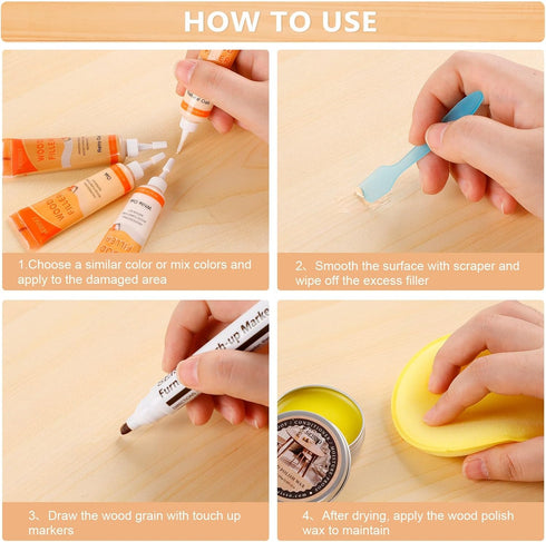 Wood Furniture Repair Kit, 6 Oak Color Wood Fillers with 6 Touch Up Markers and Polish Wax for Wooden Stains