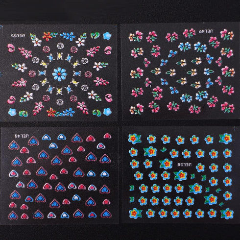 WOKOTO 90Pcs Self-Adhesive 3D Nail Art Sticker - Colorful White Black Flower Fingernail Decals with 1 Pcs Anti-Static