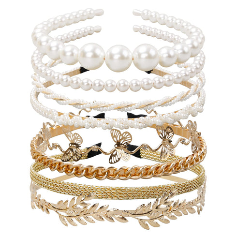 WOVOWOVO Pearl Headbands for Women, 8 Pack White Faux Pearls Hairband, Gold Metal Headband for Bridal Accessories