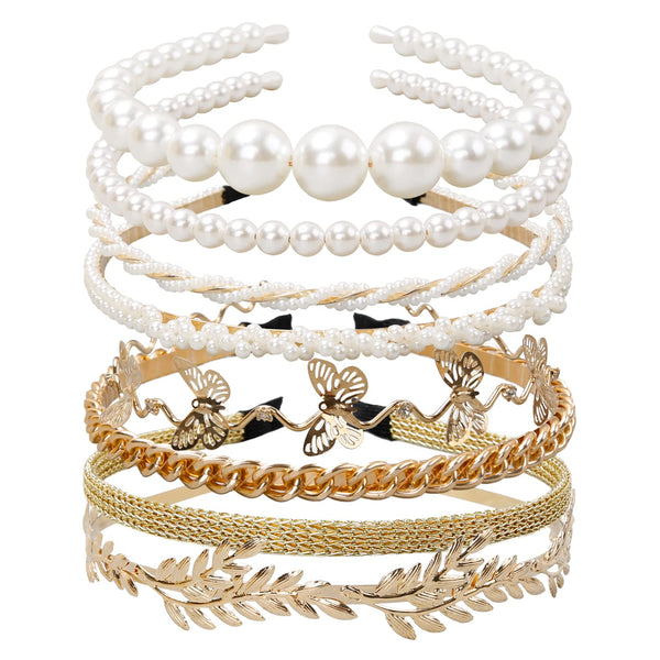 WOVOWOVO Pearl Headbands for Women, 8 Pack White Faux Pearls Hairband, Gold Metal Headband for Bridal Accessories