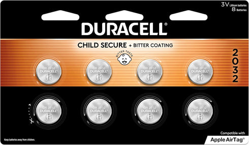 Duracell 2032 Lithium Coin Battery, 8 Count Pack, CR2032 Battery, Child Safety Features, Compatible with Apple AirTag,