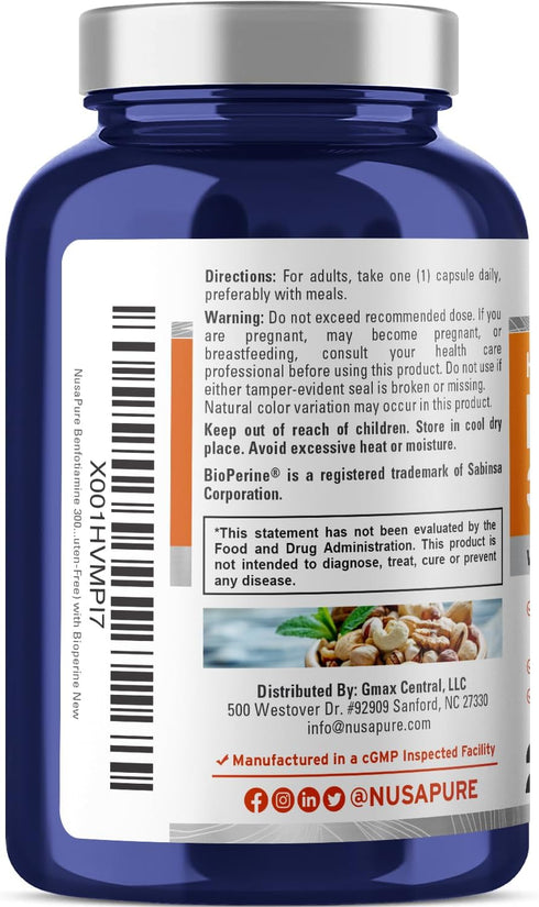 NusaPure Benfotiamine 300mg Per Veggie Caps 220 Count (Non-GMO, Vegan, Gluten-Free)