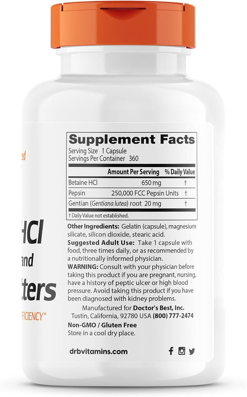 Doctor's Best Betaine HCI Pepsin & Gentian Bitters, Digestive Enzymes for Protein Breakdown, Non-GMO, Gluten Free