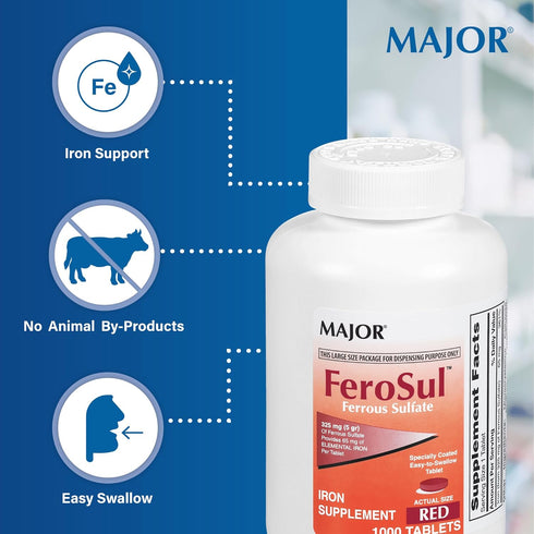 Major Ferosul Ferrous Sulfate 325mg Tablets, 100 Tablets, Iron Supplement for Women and Men