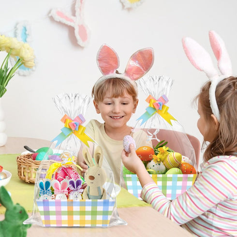 Zoketriton 24 Set Easter Buffalo Plaid Baskets for Gifts Empty with Cellophane Basket Bags Bows, Easter Market Tray